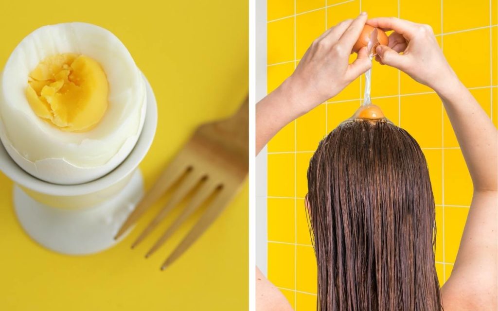 Left: Boiled egg in egg holder next to a fork on yellow background. Right: Back view of long-haired person cracking an egg over their head, yellow background.